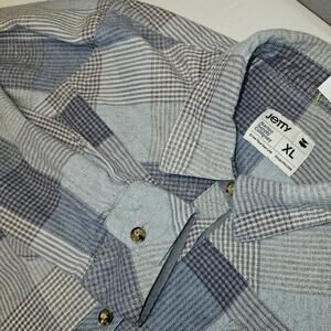 Jetty Marine Supply Company Flannel Shirt XL Plaid Button-Up Blue Gray White